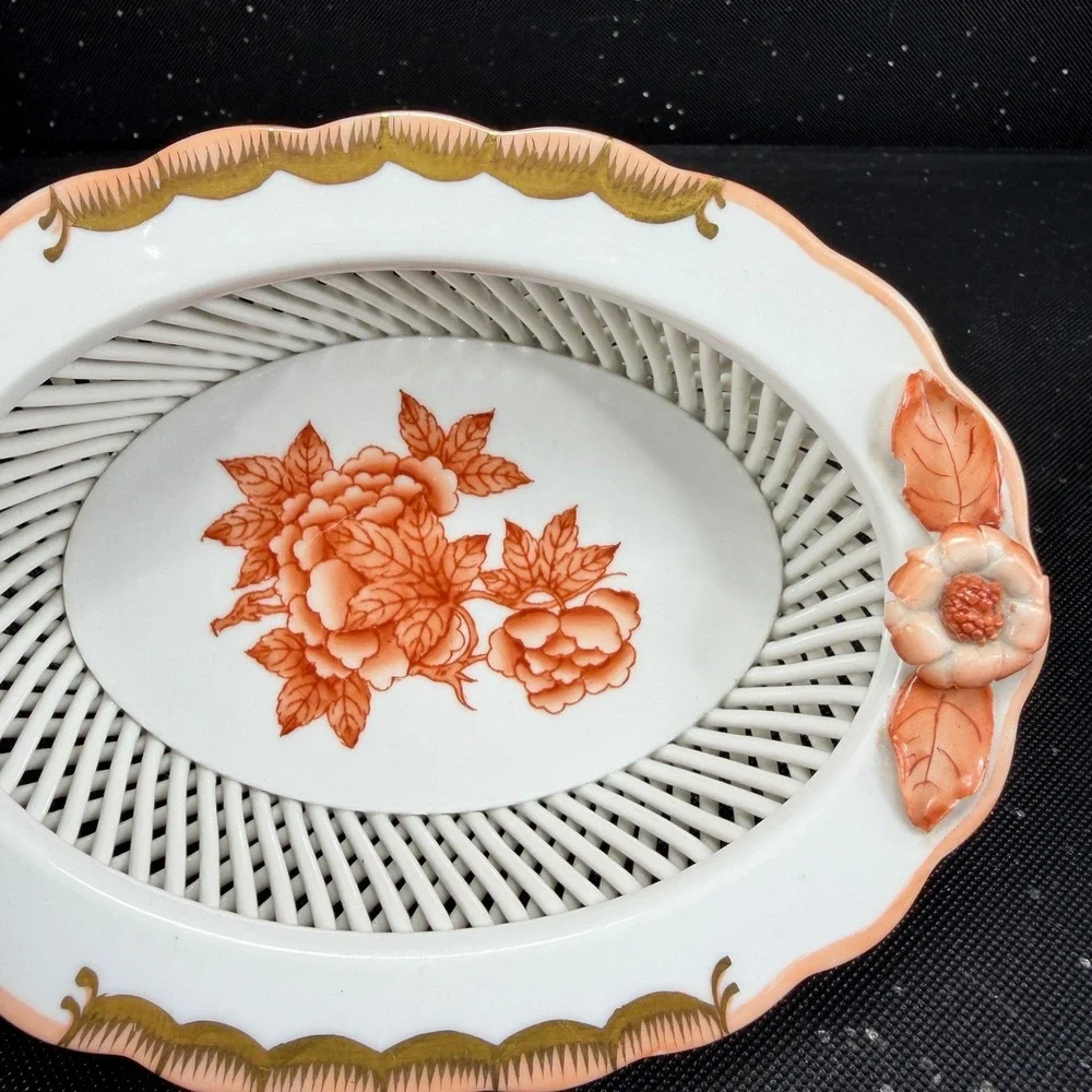 Herend Hungary Hand Painted Rust Floral Reticulated Porcelain Weave Basket Dish